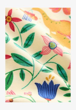 Kokvilnas audums ar krēmkrāsas fona, uz kura ir krāsaini ziedu raksti rozā, zilā un zaļā krāsā. Gluda tekstūra ar dzīvīgām grafikām.