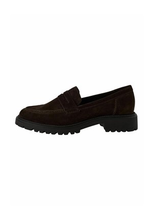 Brown suede loafers with a rounded toe, featuring a stitched design and a ridged rubber sole for traction.