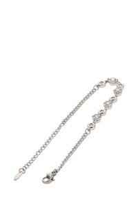 Ezüst karkötő, amely váltakozó kerek, tiszta kövekkel és fémbetétekkel rendelkezik, láncszemes dizájnnal és homárkapoccsal.