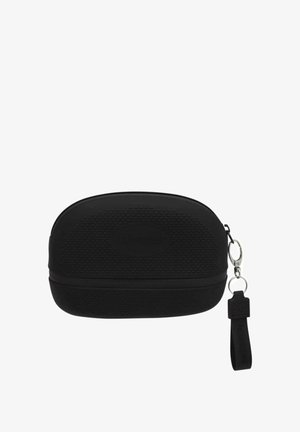 Custodia nera con zip realizzata in materiale testurizzato, di forma arrotondata, e con un piccolo manico a loop. Presenta un marchio in rilievo sulla parte anteriore.