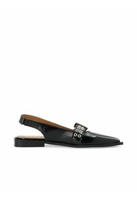 Black patent leather slingback shoe with pointed toe, featuring a strap with metallic eyelet details and a low block heel.