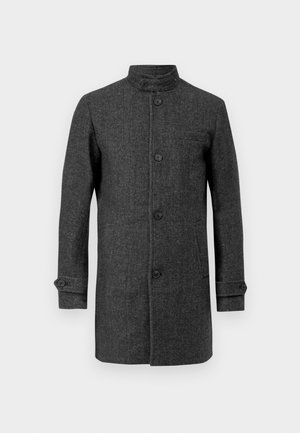 Manteau en laine gris avec un col haut, des boutons à l'avant et des poches latérales. Présente une coupe ajustée et des poignets à bouton pour un look structuré.