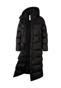 Schwarze Steppjacke mit Kapuze, mit einem Reißverschluss vorne und seitlichen Taschen, gestepptem Design, langen Ärmeln und einem leicht glänzenden Finish.