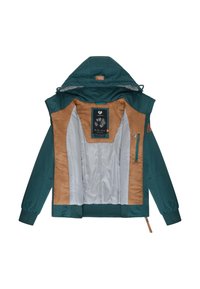 Blågrøn jakke med en brun og grå indvendig foring. Jakken har en hætte, lynlås foran, elastiske ærmeafslutninger og et mærke med mærkevaren på det indvendige for.