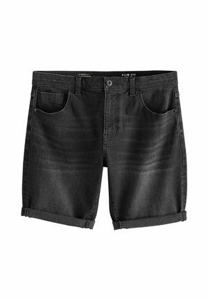 Melnas denima šortas ar šauru piegriezumu, ar salocītiem maliņām, priekšējiem kabatām un gludu tekstūru. Tīrs dizains ar minimālu aparatūru.