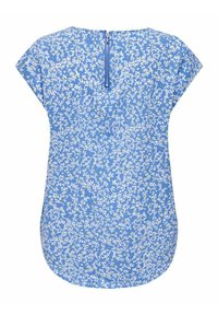 Blusa blu a maniche corte con stampa floreale bianca e cerniera sulla schiena all'altezza del collo, con orlo arrotondato.