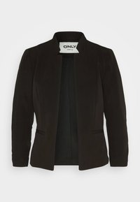 Blazer noir ajusté avec un col montant, des poches avant et des épaules structurées, fabriqué en tissu lisse et texturé. Aucun bouton ni fermeture visible.