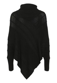 Poncho en maille noire avec un col montant. Présente un motif côtelé texturé en diagonale. Ourlet asymétrique avec manches longues. Matière douce.
