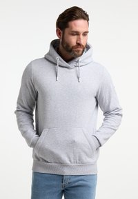 Grau Hoodie aus weichem Stoff, mit einer Kapuze mit Kordelzug, vorderer Kängurutasche und gerippten Bündchen und Saum für einen engen Sitz.