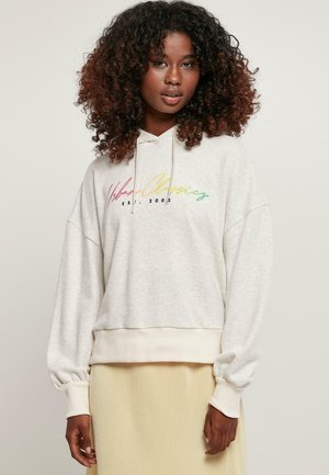 Light gray hoodie with a relaxed fit, featuring a multicolored logo, adjustable drawstring, and ribbed cuffs. Styled with a ribbed skirt.