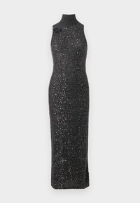 Black sleeveless dress with a high neck, featuring a fitted silhouette and embellished with silver sequins for added texture and detail.