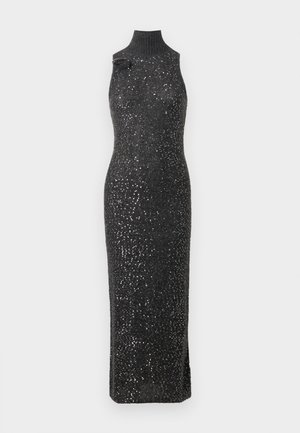Black sleeveless dress with a high neck, featuring a fitted silhouette and embellished with silver sequins for added texture and detail.