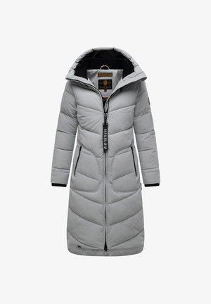 Palton puf gri deschis cu glugă, cu închidere cu fermoar, accente negre și două buzunare frontale. Model matlasat pe material.