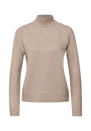 Beiger Rollkragenpullover mit langen Ärmeln, geripptem Kragen und Bündchen, strukturierter Strickmusterung, mit dekorativen Knöpfen auf der linken Schulter.