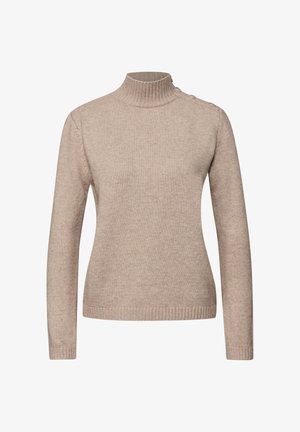 Maglione dolcevita beige con maniche lunghe, collo e polsini a coste, motivo a maglia testurizzata, con bottoni decorativi sulla spalla sinistra.