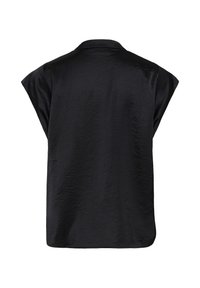 Blouse noire sans manches en satin avec une coupe ample et un petit col, vue de dos.