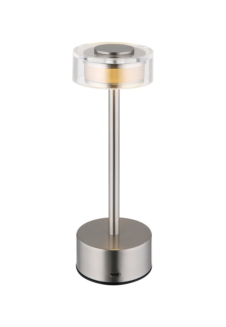 Nowoczesna lampa stołowa z metalu srebrnego i przezroczystego akrylu, z okrągłą podstawą i portem ładowania USB.