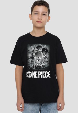 Black cotton t-shirt featuring a monochrome graphic with characters from "One Piece" and white text at the bottom. Relaxed fit.