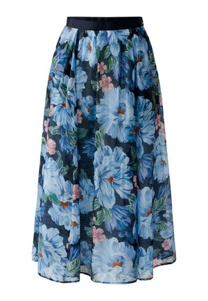 Midi-rok met zwarte tailleband, blauw- en roze bloemenprint op doorzichtig donker stof, geplooid ontwerp.