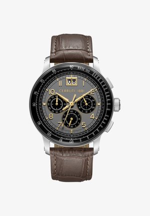 Montre Cerruti 1881 avec un cadran gris, des accents dorés, des sous-cadrans chronographe, et un bracelet en cuir marron texturé. Boîtier en acier inoxydable.