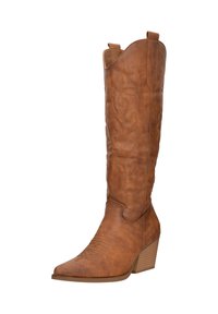 Botas de vaquero de imitación de cuero marrón con punta afilada, costuras decorativas en la parte superior y un tacón apilado. Enfatiza el diseño western tradicional.
