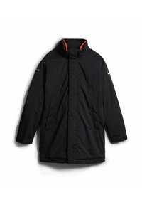 Giacca nera imbottita con collo alto, fodera arancione e due tasche laterali. Presenta una chiusura con zip e un dettaglio con logo sulla manica sinistra.