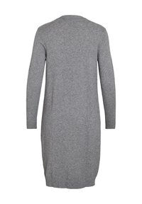 Robe tricotée grise chinée avec des manches longues, un col côtelé et des poignets côtelés, et une coupe décontractée, descendant jusqu'à mi-cuisse à l'arrière.