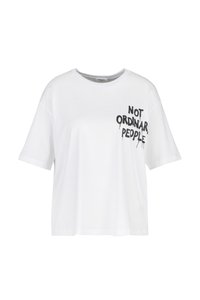 Witte katoenen T-shirt met korte mouwen, featuring een zwart grafisch tekstontwerp met de tekst "NIET ORDINAIRE MENSEN" op de voorkant.
