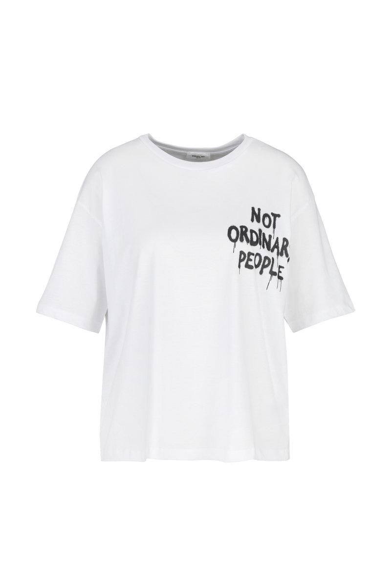 Witte katoenen T-shirt met korte mouwen, featuring een zwart grafisch tekstontwerp met de tekst "NIET ORDINAIRE MENSEN" op de voorkant.