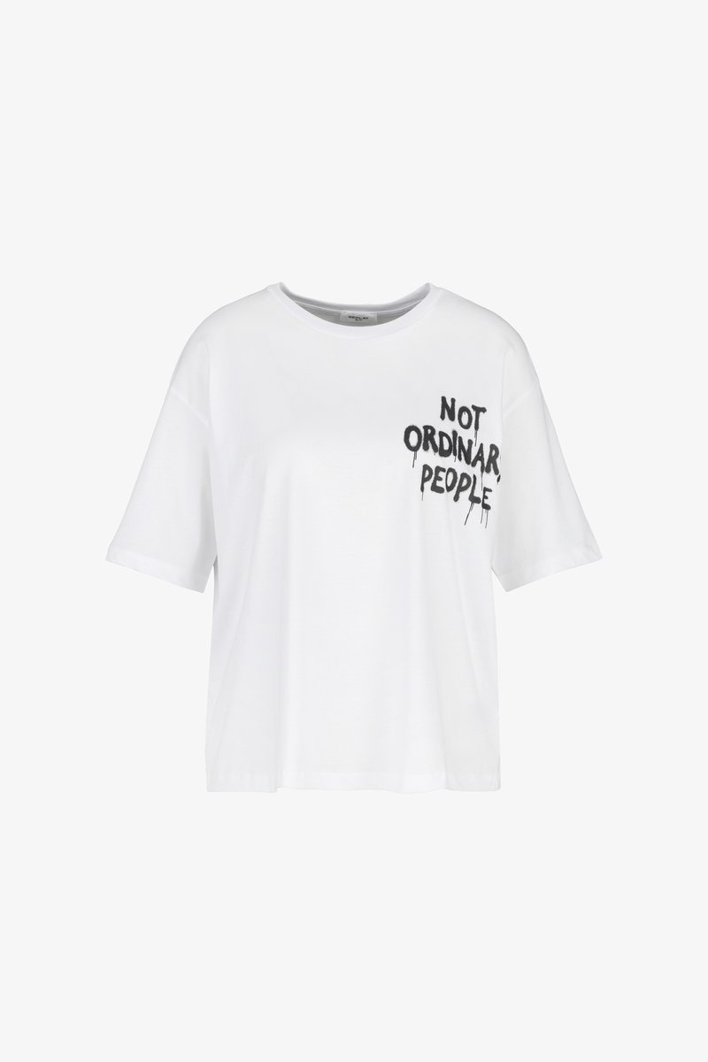 Witte katoenen T-shirt met korte mouwen, featuring een zwart grafisch tekstontwerp met de tekst "NIET ORDINAIRE MENSEN" op de voorkant.