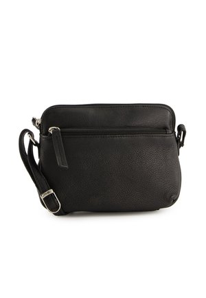 Schwarze Leder-Crossbody-Tasche mit strukturiertem Oberflächenmaterial, oberem Reißverschluss, verstellbarem Tragegurt und einer vorderen Reißverschlusstasche für zusätzlichen Stauraum.