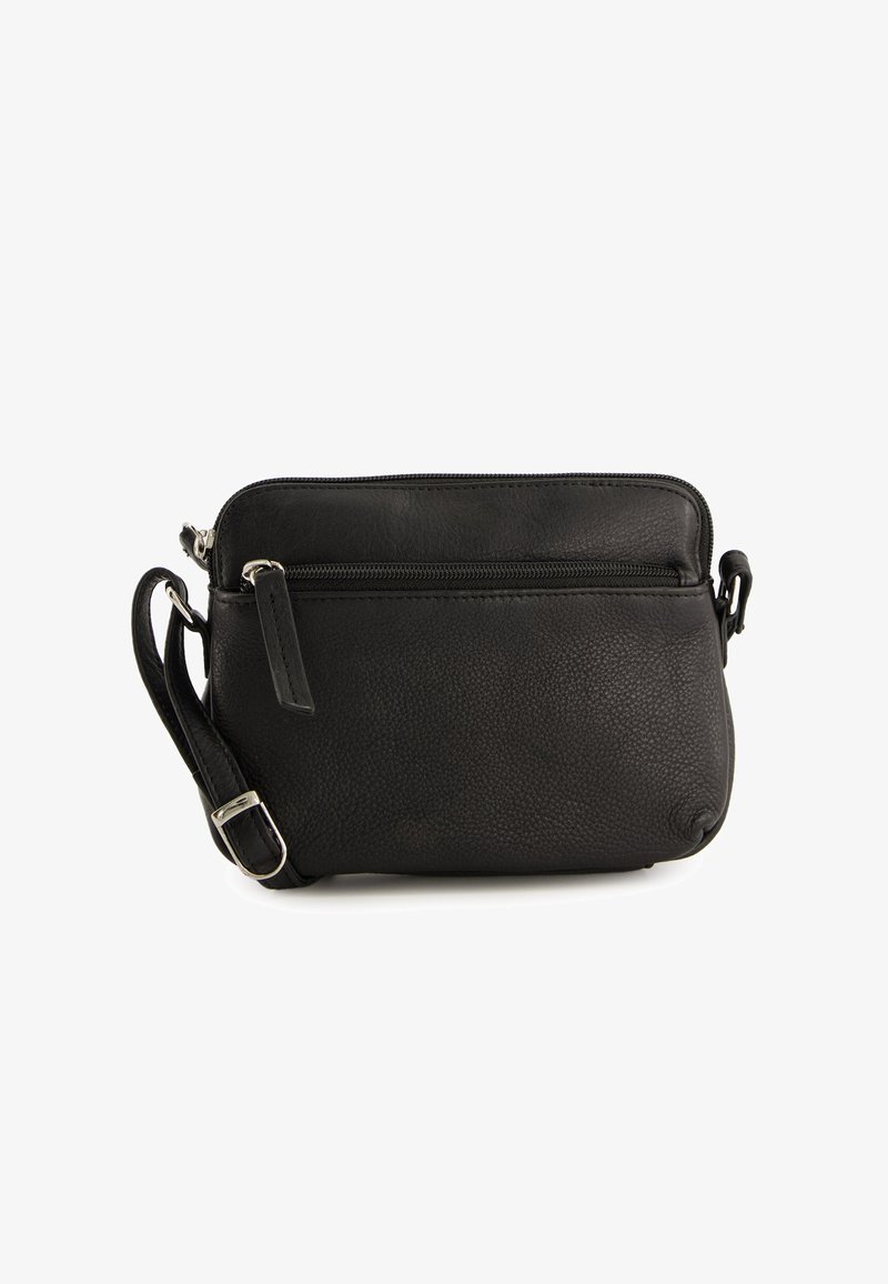 Schwarze Leder-Crossbody-Tasche mit strukturiertem Oberflächenmaterial, oberem Reißverschluss, verstellbarem Tragegurt und einer vorderen Reißverschlusstasche für zusätzlichen Stauraum.