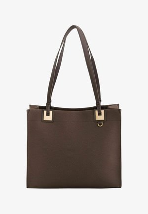 Brown textured leather tote bag with dual handles, square gold-tone hardware accents, and a minimalist, structured design.