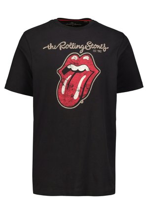 Schwarzes Baumwoll-T-Shirt mit einem großen, abgenutzten roten Zungen- und Mund-Logo. Darüber steht der Text "the Rolling Stones" und das Gründungsjahr darunter.
