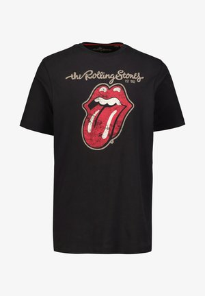 Czarna bawełniana koszulka z dużym, zniszczonym czerwonym wzorem w kształcie języka i ust, z napisem "the Rolling Stones" powyżej oraz rokiem założenia poniżej.