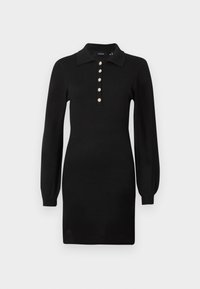 Robe en maille noire à manches longues avec col et cinq boutons sur le devant, silhouette ajustée et poignets côtelés.