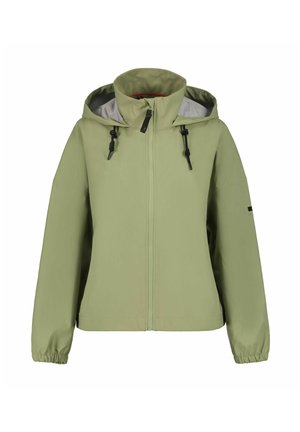 Hellgrüne Kapuzenjacke mit durchgehendem Reißverschluss, elastischen Bündchen und grauem Futter; verfügt über verstellbare Kordelzüge an der Kapuze.