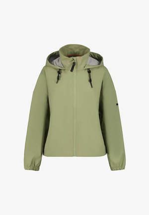 Light green hooded jacket with a front zipper, elastic cuffs, and a gray lining; features adjustable drawstrings on the hood.