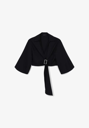 Black cropped shirt with a collared neckline, wide sleeves, and a tie detail at the front featuring a square buckle accent.