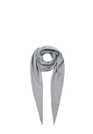 Light gray knitted scarf folded with pointed ends hanging downward against white background.