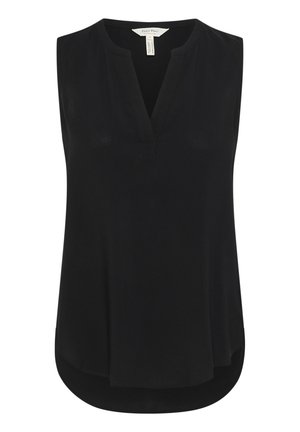 Črna brezrokavna majica z V-izrezom, izdelana iz lahkega materiala. Ima ukrivljen rob in subtilne gubice okrog izreza.