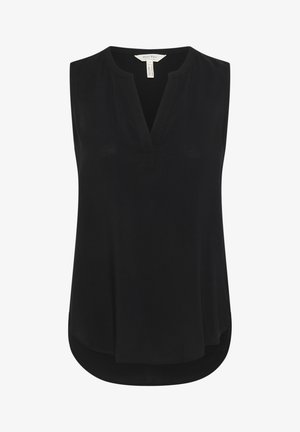 Black sleeveless top with a V-neckline, made from a lightweight fabric. Features a curved hem and subtle pleat detailing at the neckline.