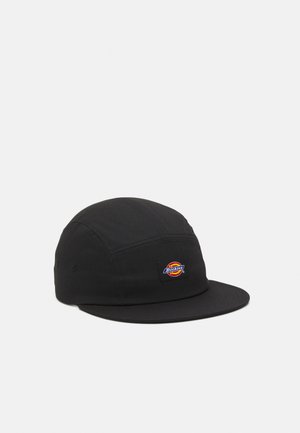 Black cap made of durable fabric, featuring a rounded crown and a flat brim. Notable Dickies logo patch on the front.