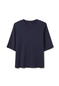 Marineblauwe t-shirt, korte mouwen, ronde halslijn, gemaakt van zacht katoen, met een ontspannen pasvorm en zonder zichtbare patronen of accenten.