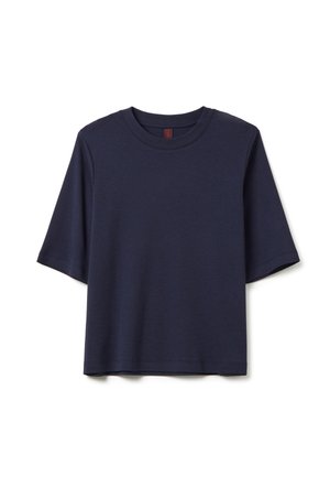 T-shirt blu navy, maniche corte, scollatura rotonda, realizzata in morbido tessuto di cotone, con vestibilità comoda e senza motivi o dettagli visibili.