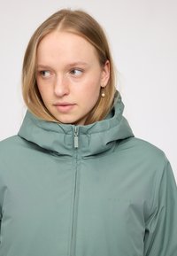 Hellgrüne Kapuzenjacke mit Frontreißverschluss und kleinem Logo. Glatte Textur, entworfen für Freizeitkleidung, mit hohem Kragen für Wärme.