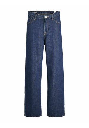 Jeans de mezclilla de pierna ancha en azul oscuro con diseño clásico de cinco bolsillos, cierre frontal con botones y detalles de costuras visibles.