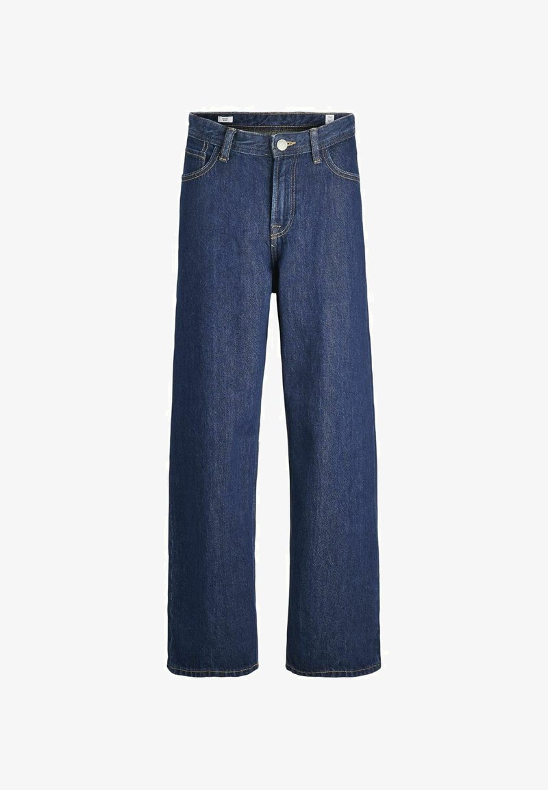 Jean en denim bleu foncé à jambes larges avec un design classique à cinq poches, fermeture frontale à boutons et détails de coutures visibles.