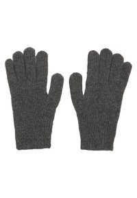 Grijze wollen handschoenen met een ribbelstructuur, met vijf vingers. Het materiaal is zacht en gebreid, met een uniforme kleur.