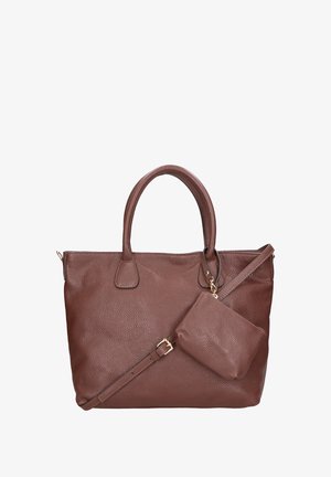 Borsa a spalla in pelle marrone con finitura testurizzata, due manici e una tracolla removibile. Include una piccola pochette abbinata.